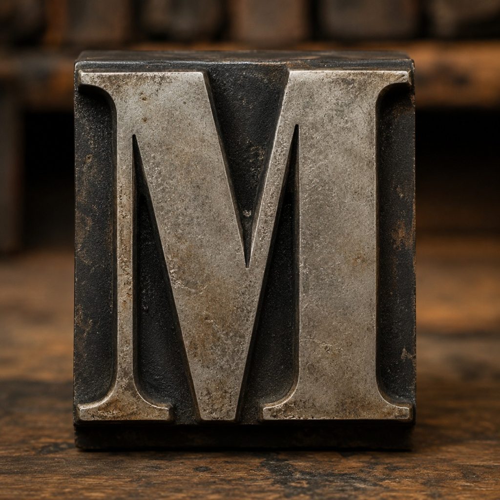 Vintage metal letterpress block with the letter M